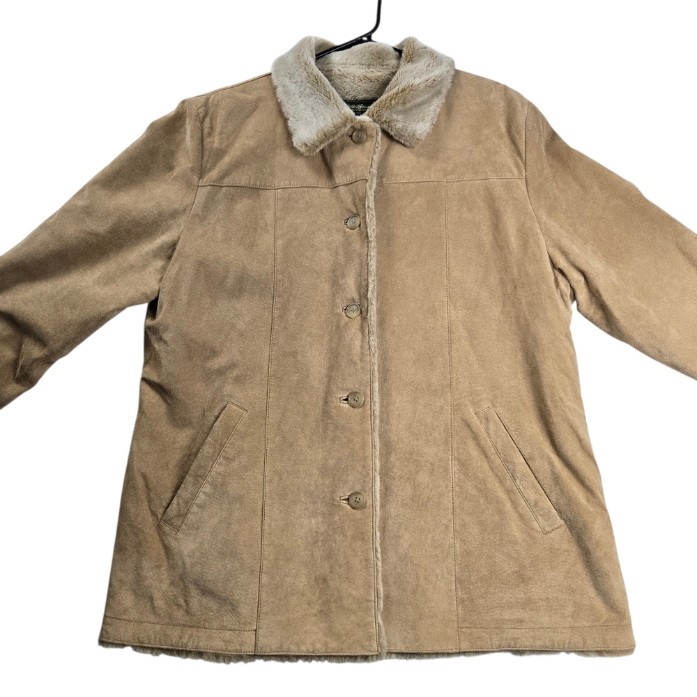 Eddie Bauer Genuine Leather Tan Jacket Button Front Y2K Faux Shearling Lined XL - Picture 8 of 15